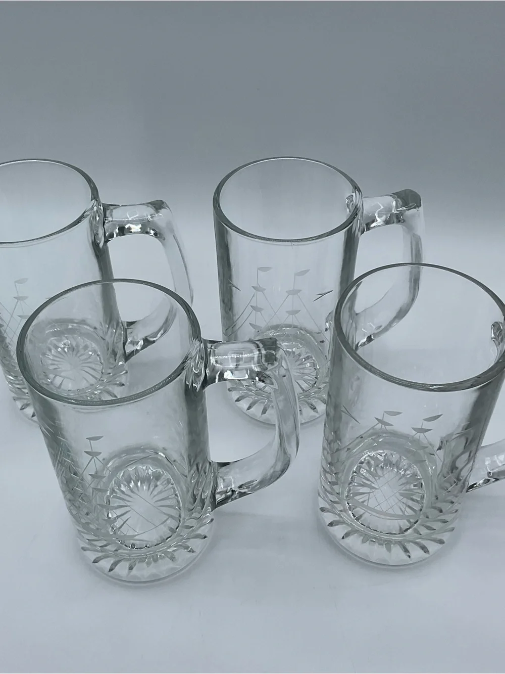 Vintage Etched Sailboat Beer Mugs Set of 4 Nautical Sailing Ship Glass Tankards